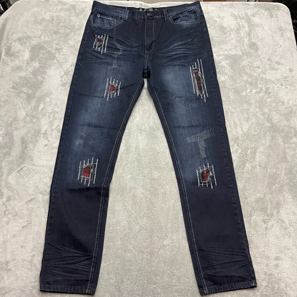 Krome Dark Denim Rip Flannel Patch Work Jeans 36/34 - Picture 1 of 10